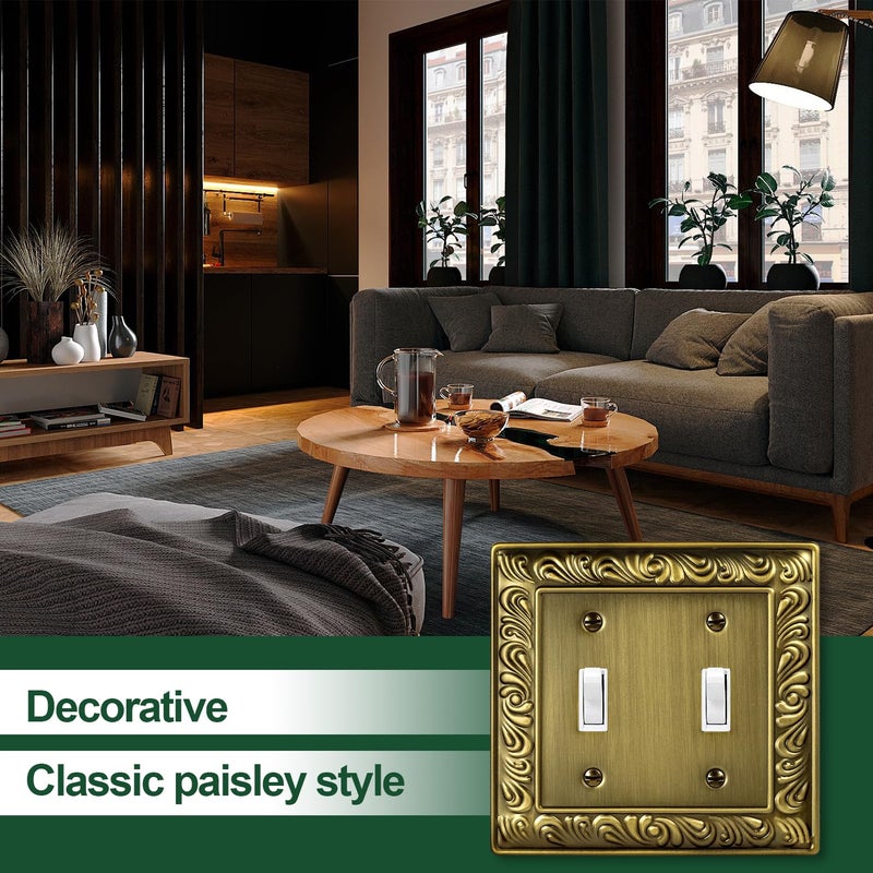 Ranweydi Antique Brass Decorative Wall Plate Light Switch Cover Decorator Outlet Covers Rocker Switch Plates Metal Material Wall Plates for Kitchen Bathroom (2 Gang Double Toggle-3 Pack) - Image 4
