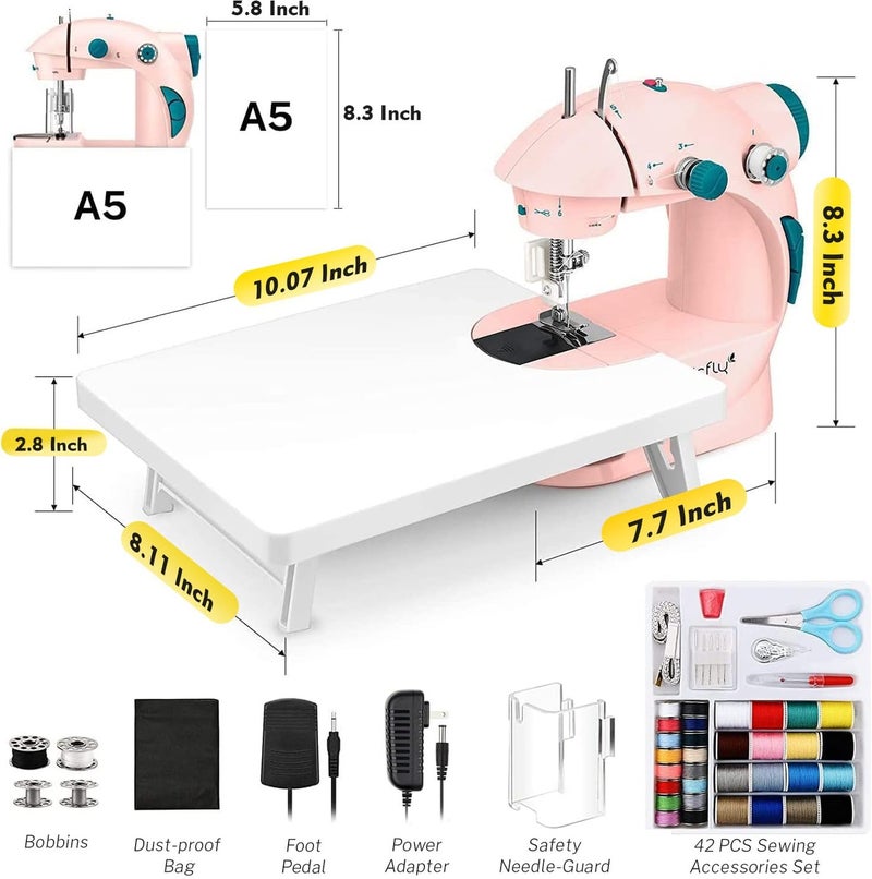 Mini Sewing Machine with Extension Table, Dual Speed Portable Sewing Machine for Beginners with Light, Sewing Kit for Household Use, Pink