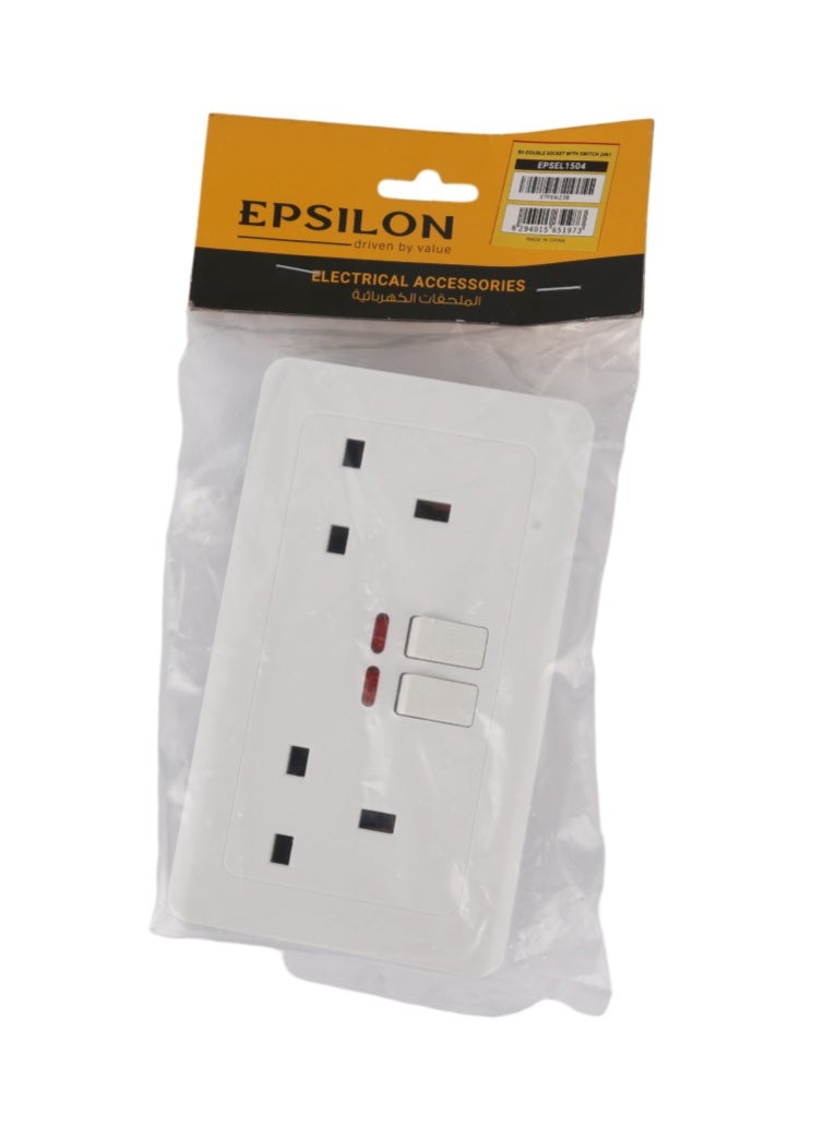 Epsilon - BS Double Socket with 2 Switch- EPSEL1504 with Indicator Lights, Stylish and Simple Design, Perfect for Home, Bedroom, Office, etc. White - Image 1