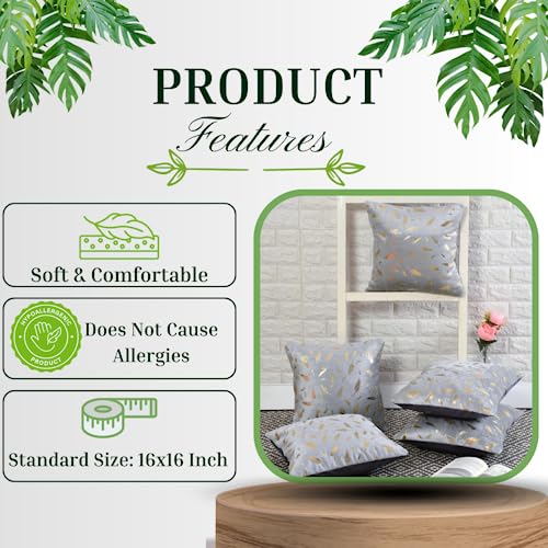 HOMECROWN 16x16 Inch Velvet Cushion Covers Set of 5 Pcs, Soft Decorative Faux Fur Throw Pillow Covers with Golden Feather Print for Sofa, Couch, Bed, Living Room - Grey-250 TC - Image 3
