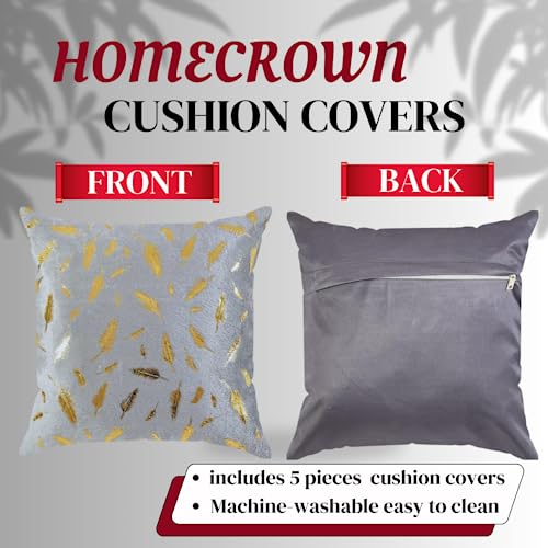 HOMECROWN 16x16 Inch Velvet Cushion Covers Set of 5 Pcs, Soft Decorative Faux Fur Throw Pillow Covers with Golden Feather Print for Sofa, Couch, Bed, Living Room - Grey-250 TC - Image 4