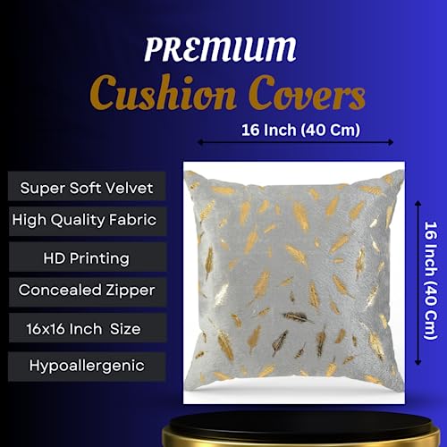 HOMECROWN 16x16 Inch Velvet Cushion Covers Set of 5 Pcs, Soft Decorative Faux Fur Throw Pillow Covers with Golden Feather Print for Sofa, Couch, Bed, Living Room - Grey-250 TC - Image 5