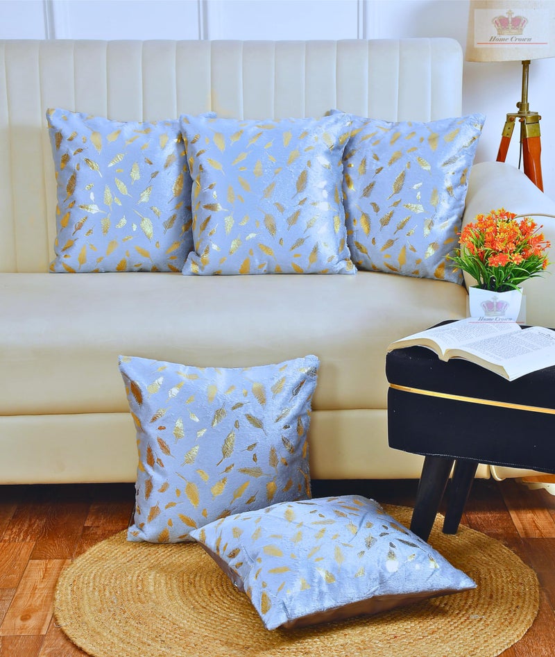 HOMECROWN 16x16 Inch Velvet Cushion Covers Set of 5 Pcs, Soft Decorative Faux Fur Throw Pillow Covers with Golden Feather Print for Sofa, Couch, Bed, Living Room - Grey-250 TC - Image 1