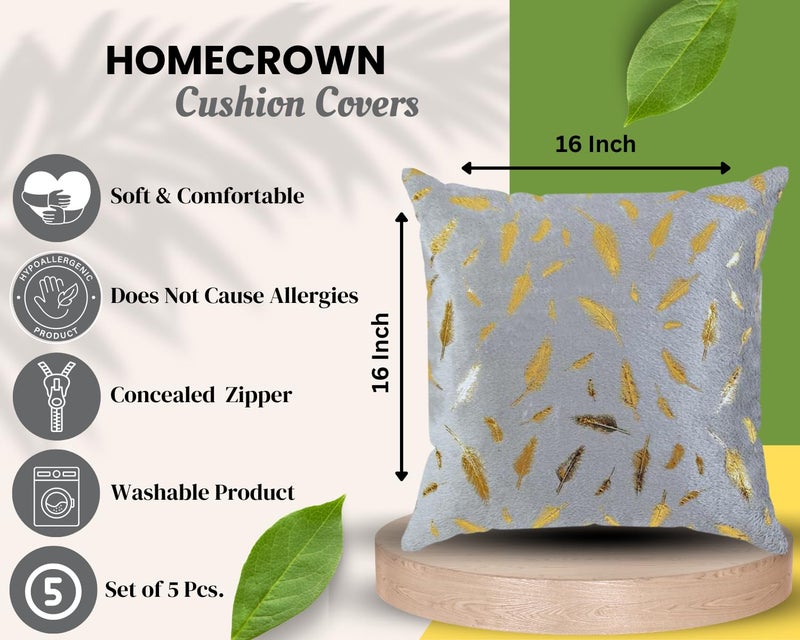 HOMECROWN 16x16 Inch Velvet Cushion Covers Set of 5 Pcs, Soft Decorative Faux Fur Throw Pillow Covers with Golden Feather Print for Sofa, Couch, Bed, Living Room - Grey-250 TC - Image 2