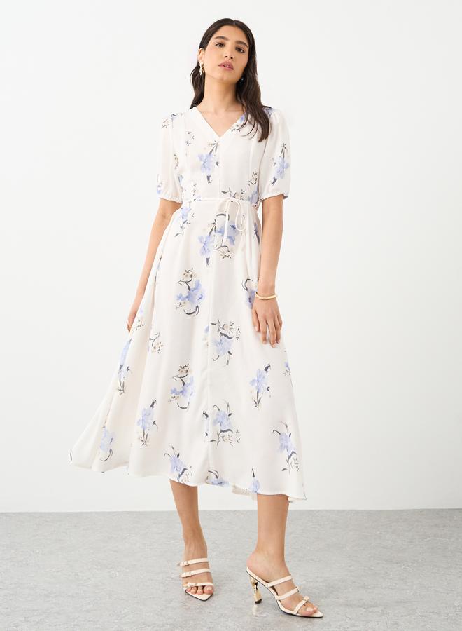 تايك تو فستان ميدي بطبعات زهور وأكمام منفوشة وربطة خصر - Image 2