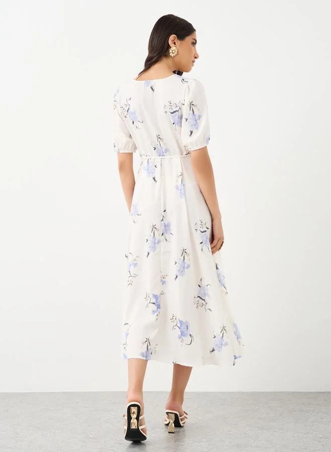 Take Two Take Two Floral Print Puff Sleeve Waist Tie Midi Dress