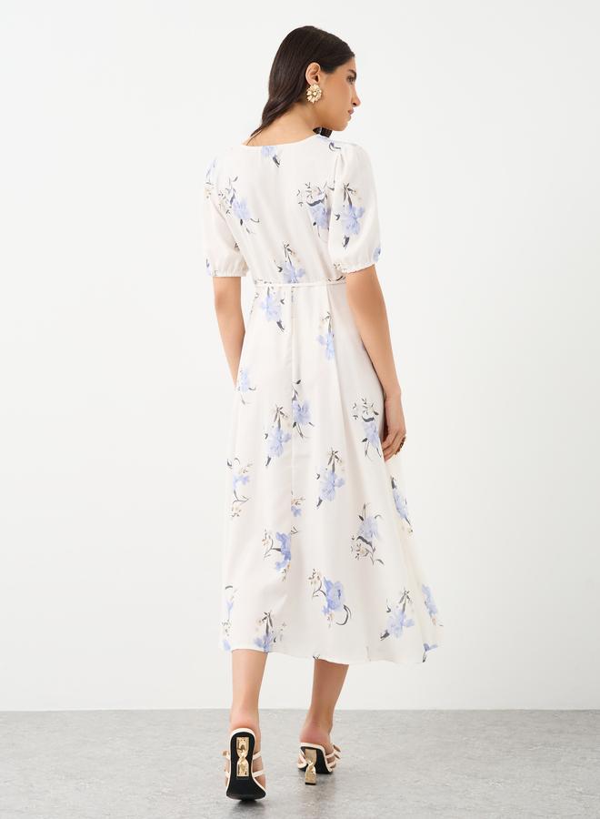 تايك تو فستان ميدي بطبعات زهور وأكمام منفوشة وربطة خصر - Image 5