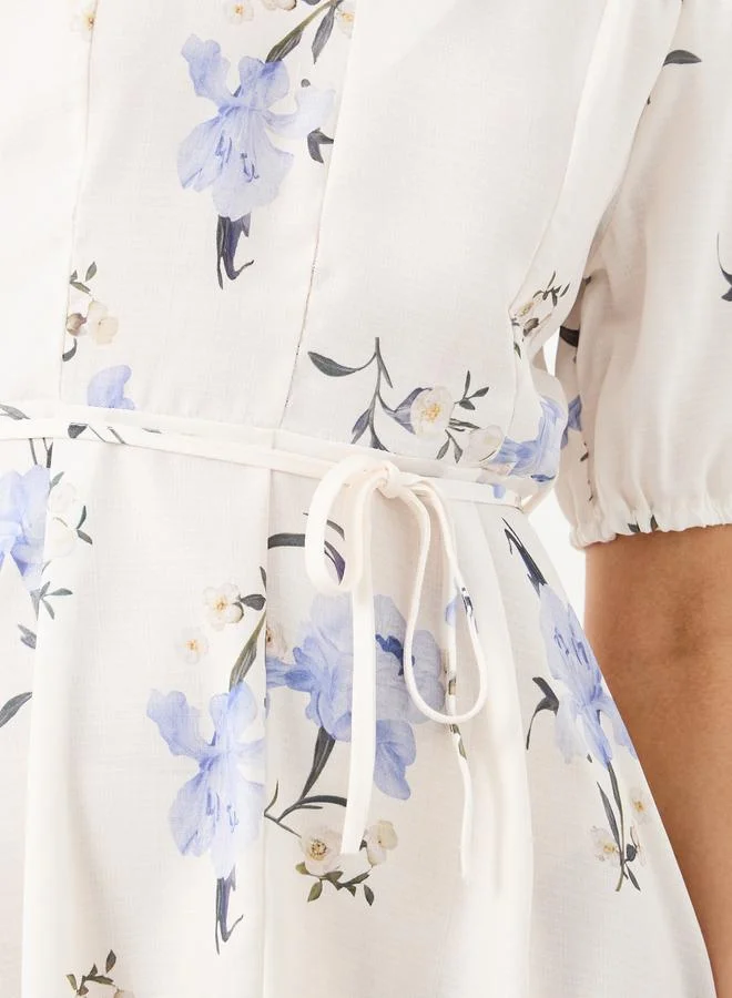 Take Two Take Two Floral Print Puff Sleeve Waist Tie Midi Dress