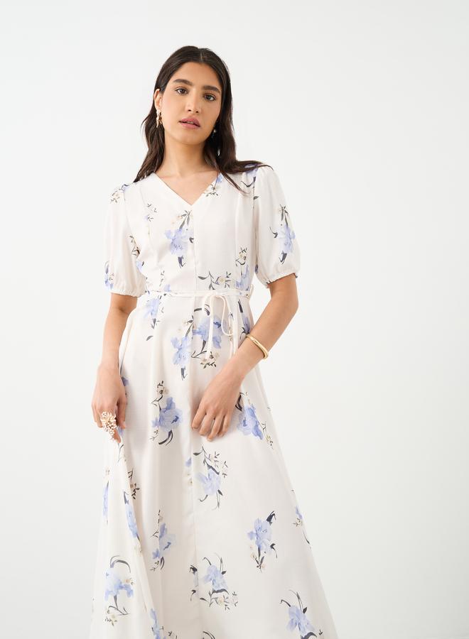 تايك تو فستان ميدي بطبعات زهور وأكمام منفوشة وربطة خصر - Image 3