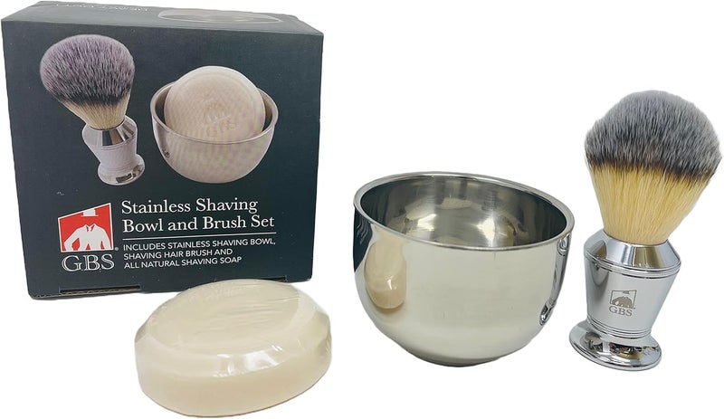 GBS Stainless Shaving Soap Bowl Synthetic Stainless Brush Luxurious Classy Modern Finish 3 Pieces - Image 1