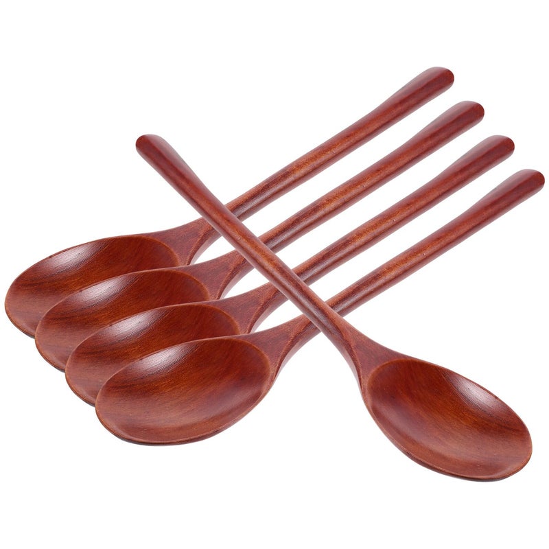 Long Handle Wooden Soup Spoons Set of 5 Natural Wood Mixing Spoons for Kitchen and Dining - Image 2