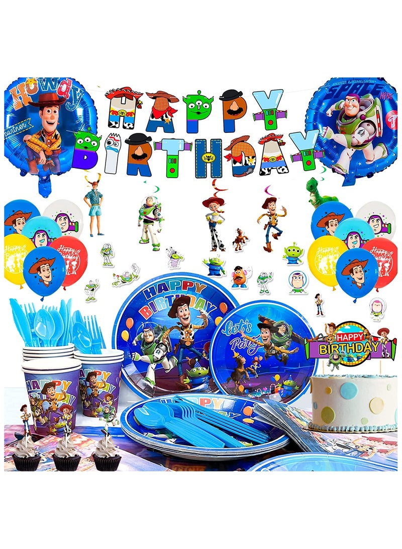 FRUITFUL PARTY Cartoon Toy Story Birthday Party Decorations for 10 Guests, 167pcs Toy Story Birthday Disposable Tableware Set Toy Story Party Plates Table Cloth Napkins Banner Balloons Cake Toppers - Image 1