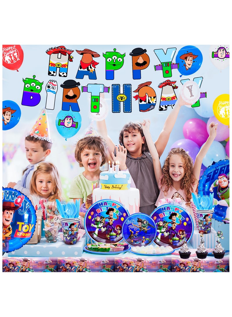 FRUITFUL PARTY Cartoon Toy Story Birthday Party Decorations for 10 Guests, 167pcs Toy Story Birthday Disposable Tableware Set Toy Story Party Plates Table Cloth Napkins Banner Balloons Cake Toppers - Image 4