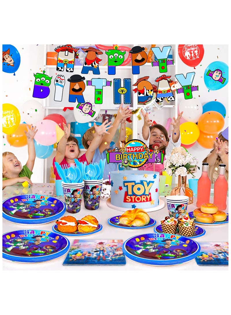 FRUITFUL PARTY Cartoon Toy Story Birthday Party Decorations for 10 Guests, 167pcs Toy Story Birthday Disposable Tableware Set Toy Story Party Plates Table Cloth Napkins Banner Balloons Cake Toppers - Image 5