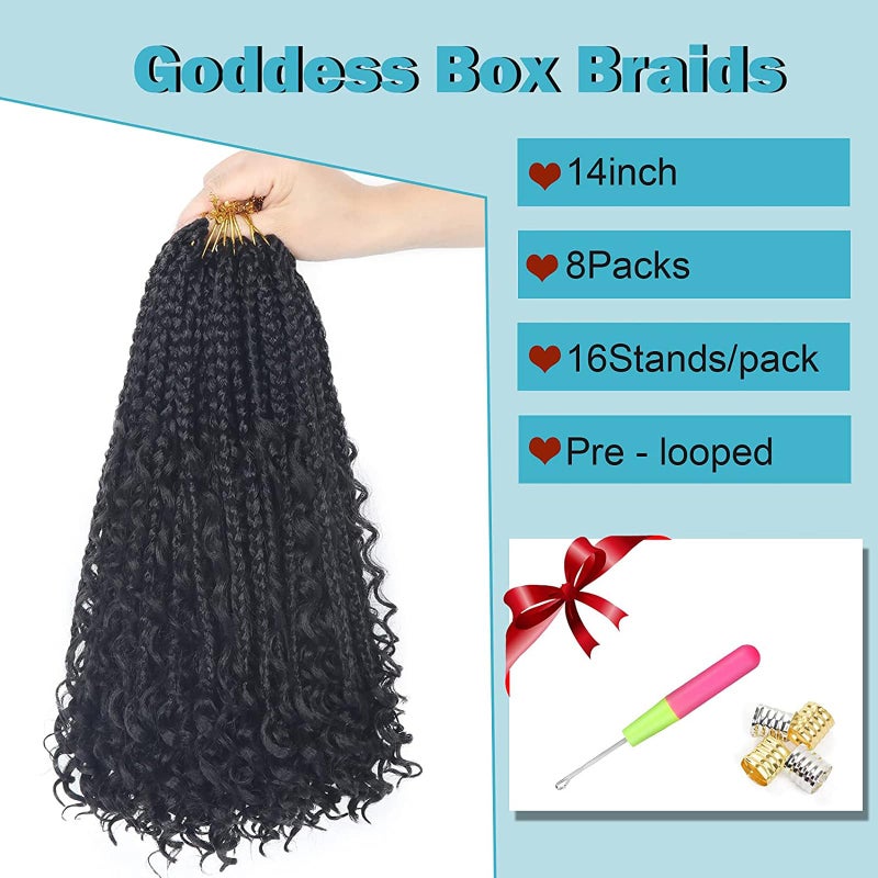 Diha Goddess Bohemian Box Braids Crochet Hair - 14 Inch Curly Ends, 8 Packs Synthetic Braiding Hair Extensions for Black Women (14 Inch, 1B) - Image 3