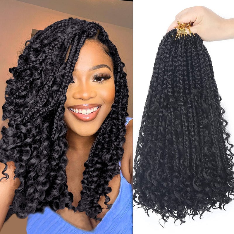 Diha Goddess Bohemian Box Braids Crochet Hair - 14 Inch Curly Ends, 8 Packs Synthetic Braiding Hair Extensions for Black Women (14 Inch, 1B) - Image 1