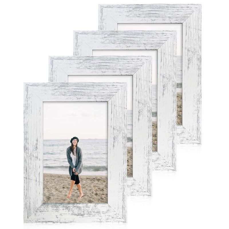 iRahmen 4x6 Picture Frame Set of 4 High Definition Glass Distressed White Frame 4 x 6 Wood Photo Frames for Tabletop Display and Wall Mounting