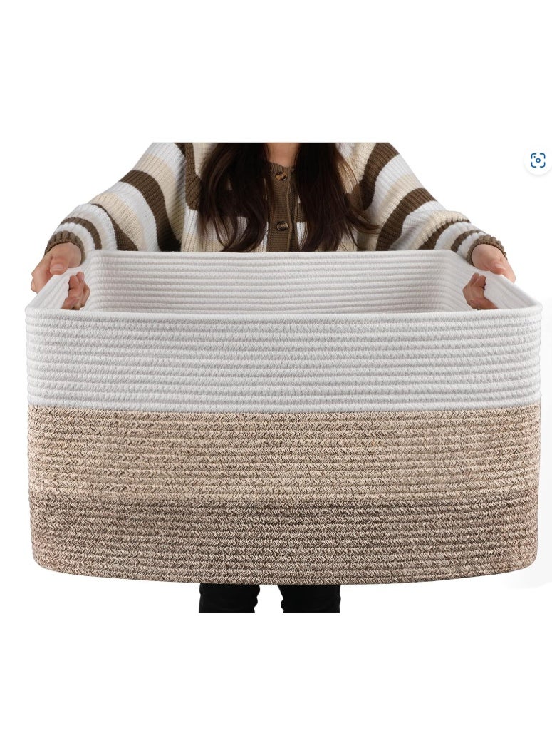 GOGOGO Large Rectangle Blanket Basket, Woven Nursery Cotton Rope Baskets for Storage, Living Room, Toy Organizing With Handle-22”x17”x12”-Gradient Yellow - Image 1