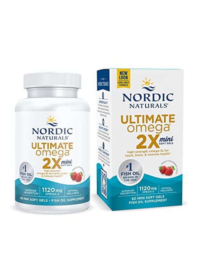 NORDIC NATURALS - Ultimate Omega 2X Mini Strawberry Flavor 60 Mini Soft Gels 1120 Mg Omega3 Highpotency Omega3 Fish Oil Supplement Epa & Dha Promotes Brain & Heart Health 30 Servings - Image 1