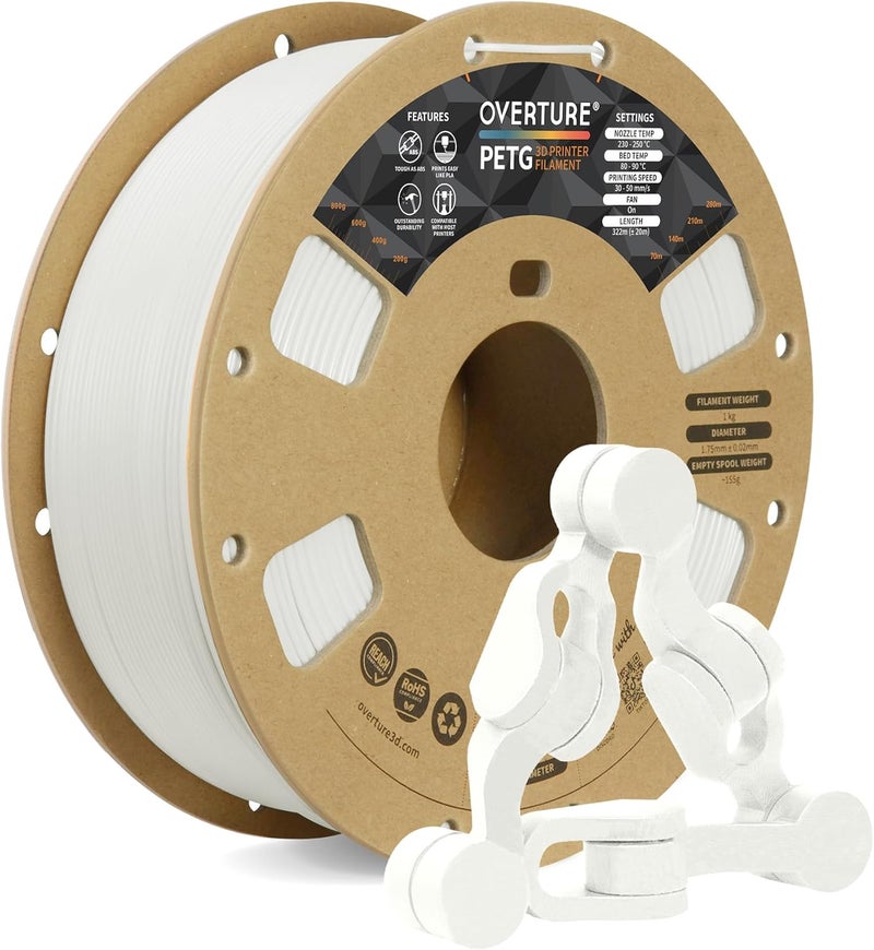 OVERTURE PETG 3D Printer Filament 1.75mm, Neatly Wound Durable PETG 1kg Spool (2.2lbs), Strong Toughness Filament, Dimensional Accuracy +/- 0.02mm, Fit Most FDM Printers (White) - Image 1