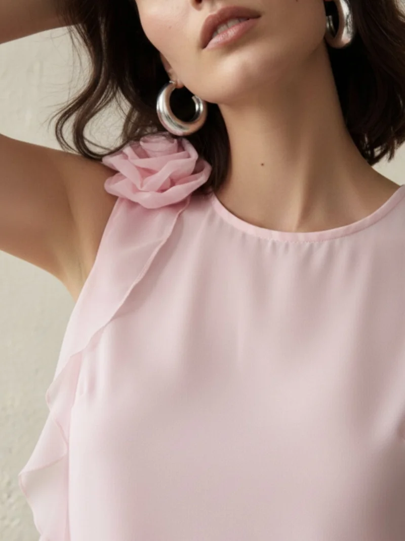 Outzidr  Pink Elegant Sleeveless Blouse With Ruffle And Corsage Detail for Women | Best Price UAE