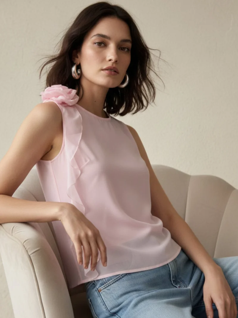 Outzidr  Pink Elegant Sleeveless Blouse With Ruffle And Corsage Detail for Women | Best Price UAE