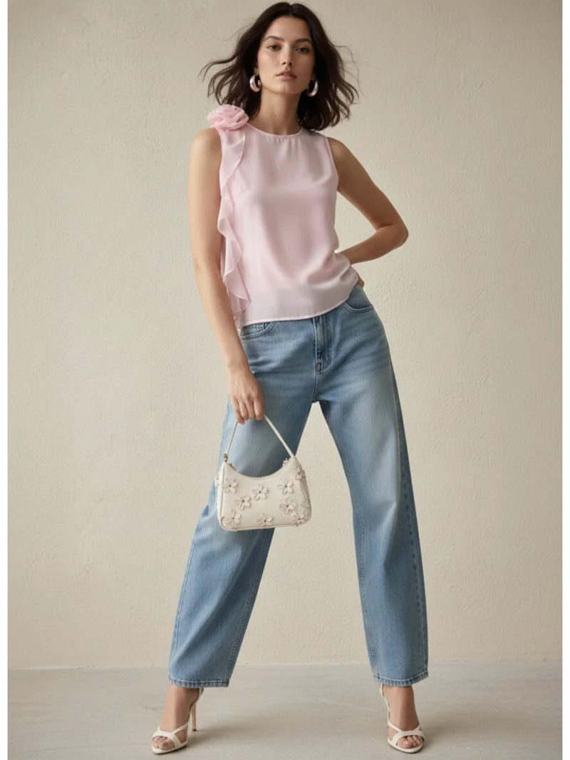 Outzidr  Pink Elegant Sleeveless Blouse With Ruffle And Corsage Detail for Women | Best Price UAE