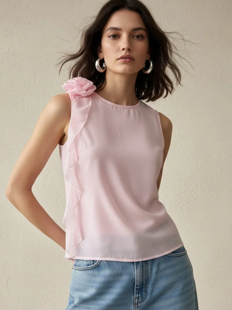 OUTZIDR Pink Elegant Sleeveless Blouse With Ruffle And Corsage Detail
