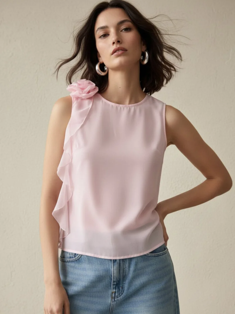 OUTZIDR Pink Elegant Sleeveless Blouse With Ruffle And Corsage Detail