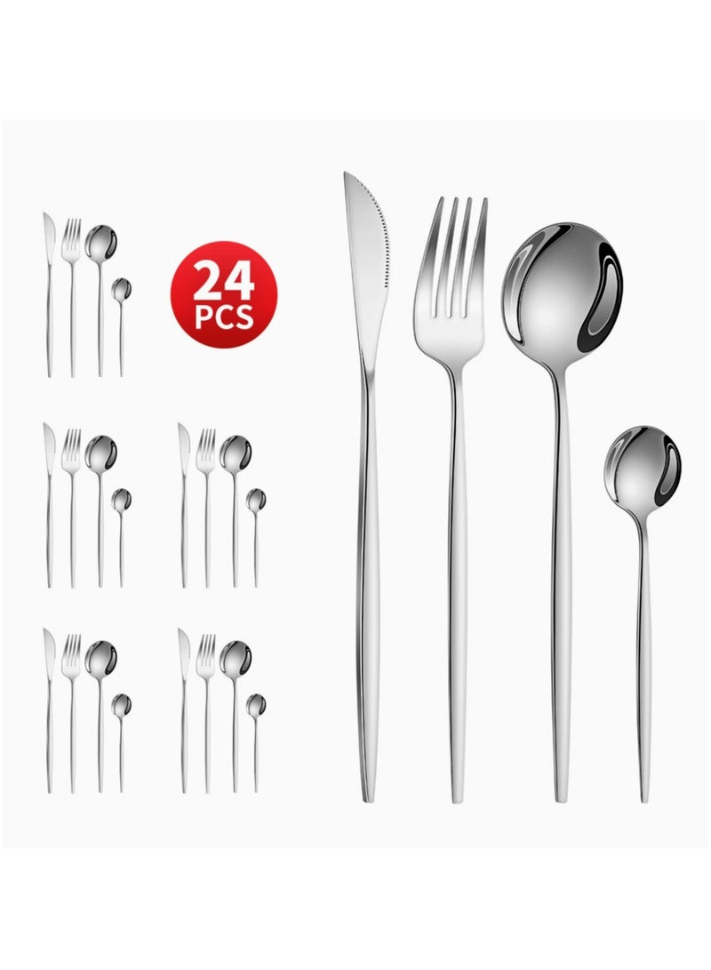 مجموعة أدوات مائدة فاخرة من الفولاذ المقاوم للصدأ مكونة من 24 قطعة بألوان متعددة (فضي، ذهبي وردي، أسود/أخضر طاووس/أبيض/وردي) مع 6 X سكاكين رئيسية/شوك رئيسية/ملاعق شوربة/ملاعق حلوى - Image 4