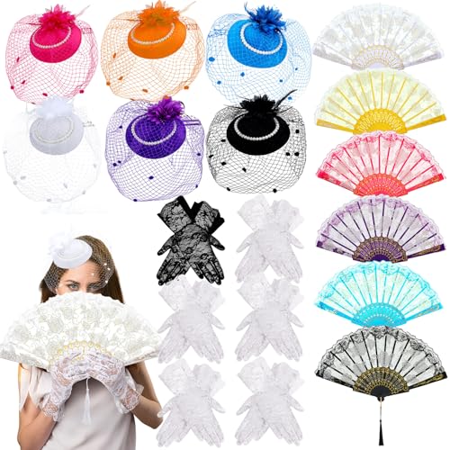 Janmercy 18 Pcs Tea Party Accessories for Women with Tea Party Hats Folding Fan Lace Gloves 2025 Derby Hats for Women Female Lets Partea Favors Costumes - Image 1