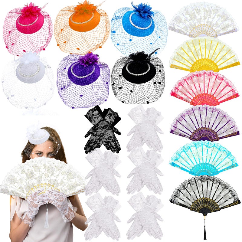 Janmercy 18 Pcs Tea Party Accessories for Women with Tea Party Hats Folding Fan Lace Gloves 2025 Derby Hats for Women Female Lets Partea Favors Costumes - Image 2