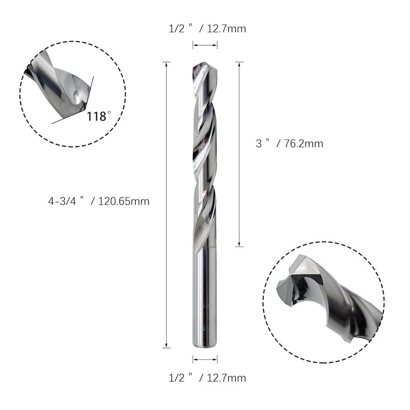 LU&MN 1/2"" Solid Carbide Jobber Drill Bits with Straight Shank and 118 Point Angle  Made from Tungsten Carbide Material 1-Pieces - Image 2