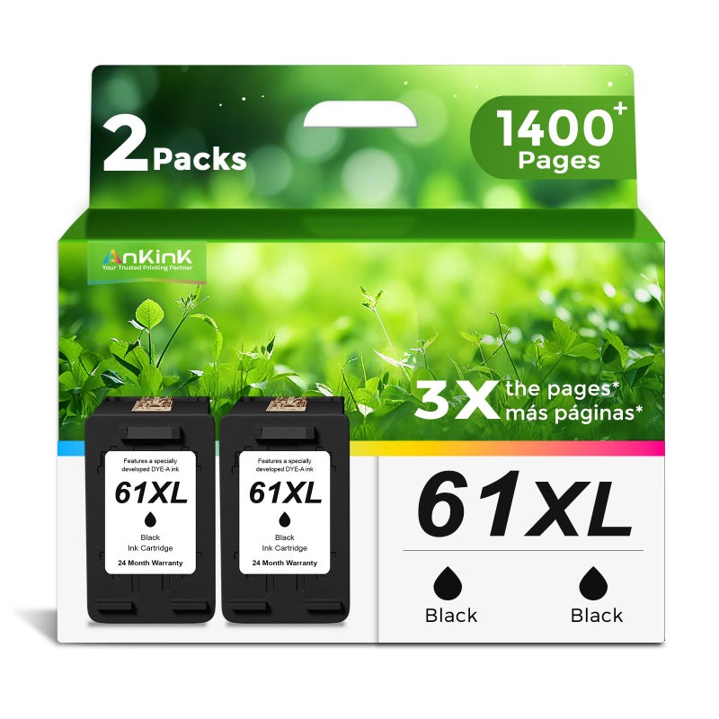 Ankink 61XL Black Ink Cartridge Replacement for HP 61 XL HP61 HP61XL (2 Pack) Work with Envy 5530 4500 2540 4630 4501 4502 4635 3050 2542 2541 3510 3512 5535 2514 1000 1010 1510 Printer High Yield - Image 1