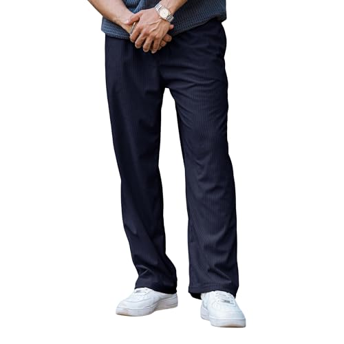 SWADESI STUFF Men's Corduroy Trousers – Mid-Rise Straight Fit Pants with Self Design | Premium Cotton Corduroy | Lasting Color | Comfortable 280 GSM Fabric (in, Alpha, M, Standard, Blue) - Image 1