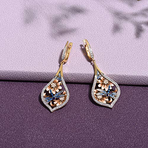 Santuzza Dragonfly Earrings Enamel Flower Cubic Zirconia 14K Gold Plated Sterling Silver Drop Earrings for Women - Image 4