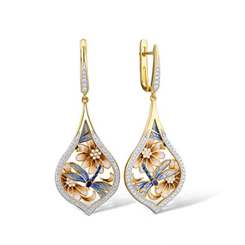 Santuzza Dragonfly Earrings Enamel Flower Cubic Zirconia 14K Gold Plated Sterling Silver Drop Earrings for Women - Image 1