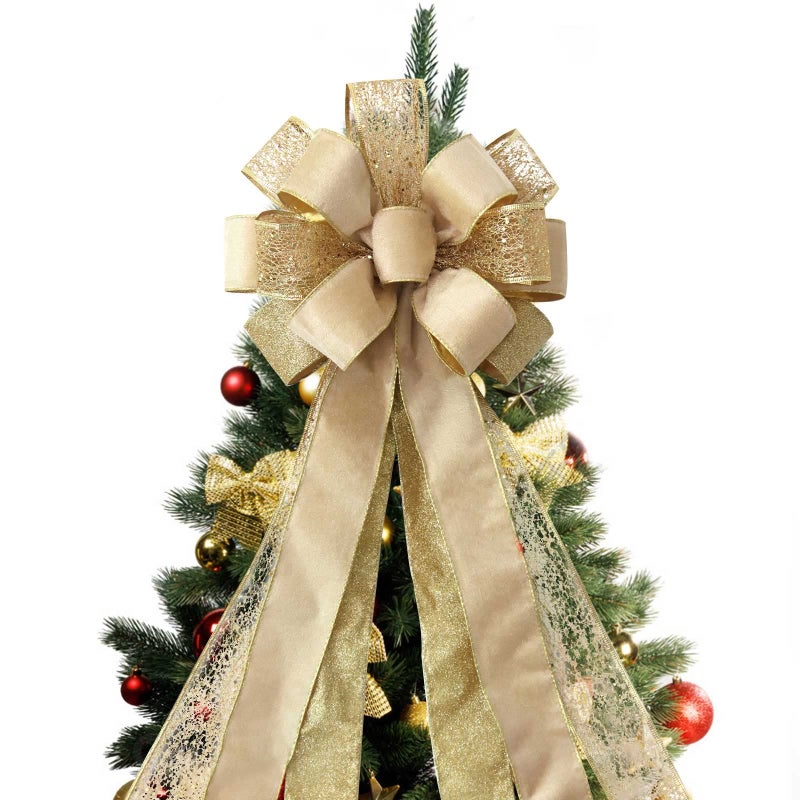 Christmas Tree Topper Bow 43x13 Inches Large Toppers Bows for Christmas Tree Glitter Satin Mesh Streamer and Wired Edge Xmas Ornament Treetop Hanging Decorations Gift