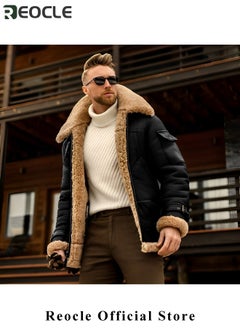 REOCLE Men's Faux Leather Aviator Bomber Jacket with Sherpa Collar Leather Bomber Jacket Winter Shearling Jackets Aviator Coat  - Image 2