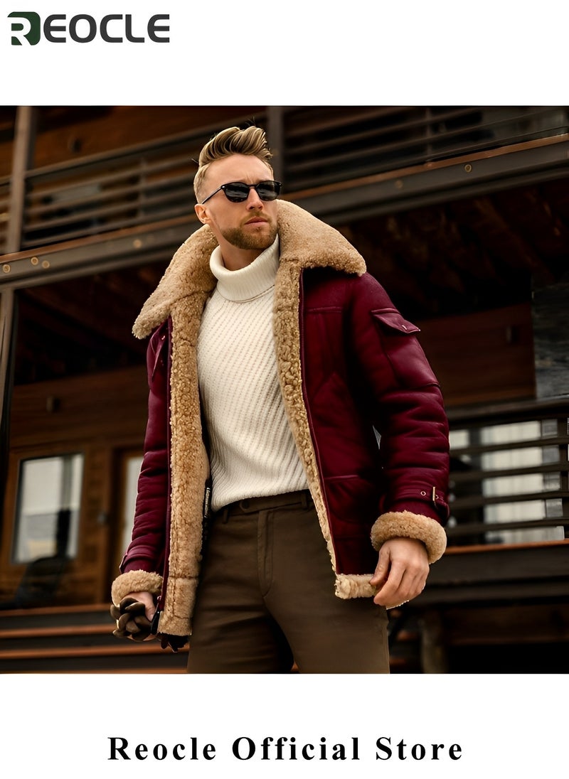 REOCLE Men's Faux Leather Aviator Bomber Jacket with Sherpa Collar Leather Bomber Jacket Winter Shearling Jackets Aviator Coat  - Image 4