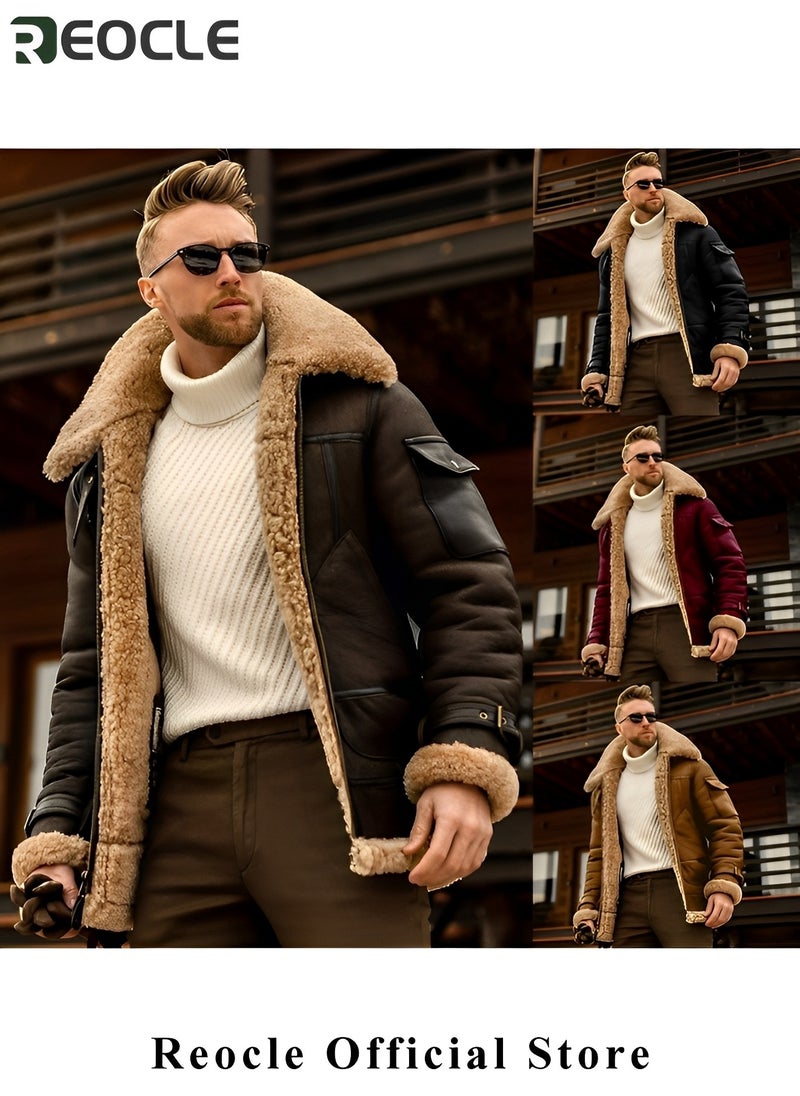 REOCLE Men's Faux Leather Aviator Bomber Jacket with Sherpa Collar Leather Bomber Jacket Winter Shearling Jackets Aviator Coat  - Image 3