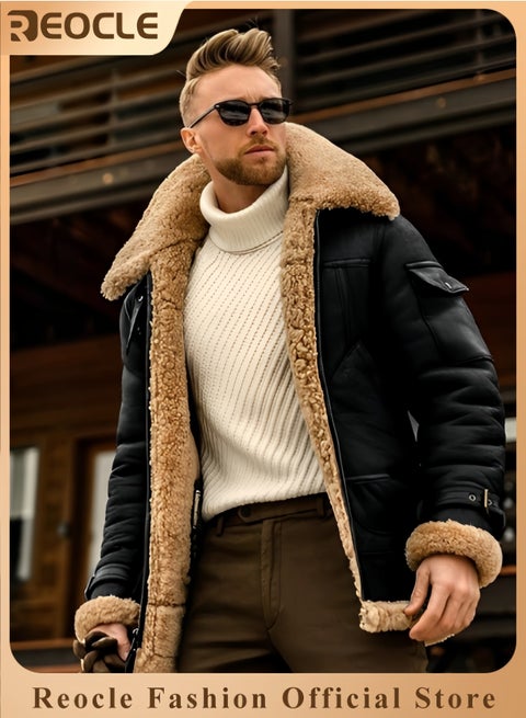 Men's Faux Leather Aviator Bomber Jacket with Sherpa Collar Leather Bomber Jacket Winter Shearling Jackets Aviator Coat