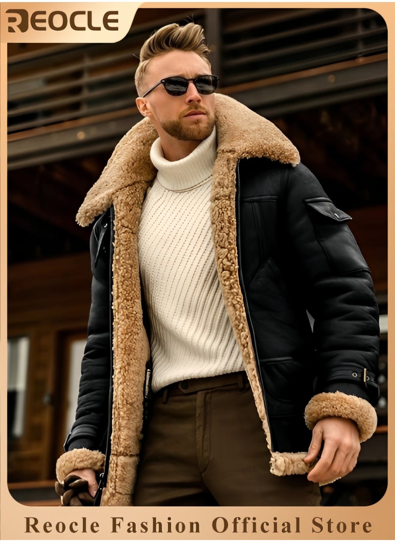 REOCLE Men's Faux Leather Aviator Bomber Jacket with Sherpa Collar Leather Bomber Jacket Winter Shearling Jackets Aviator Coat  - Image 1