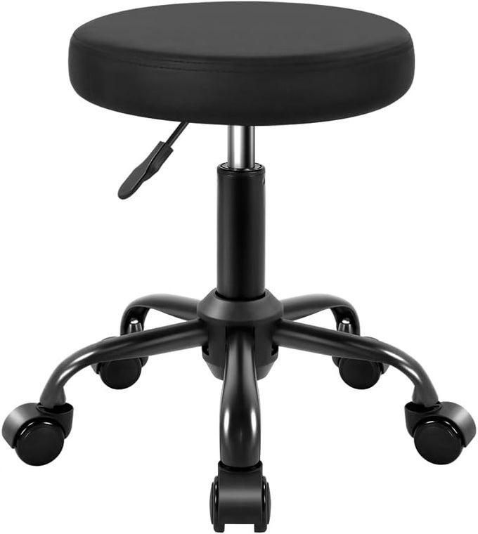 ROUND ROLLING STOOL HEIGHT ADJUSTABLE STOOL PU LEATHER CHAIR WITH WHEELS SALON SPA DRAFTING STOOLS SMALL BLACK