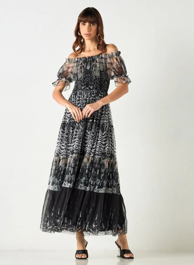 2Xtremz 2Xtremz All-Over Print Off Shoulder Dress with Shirred Detail