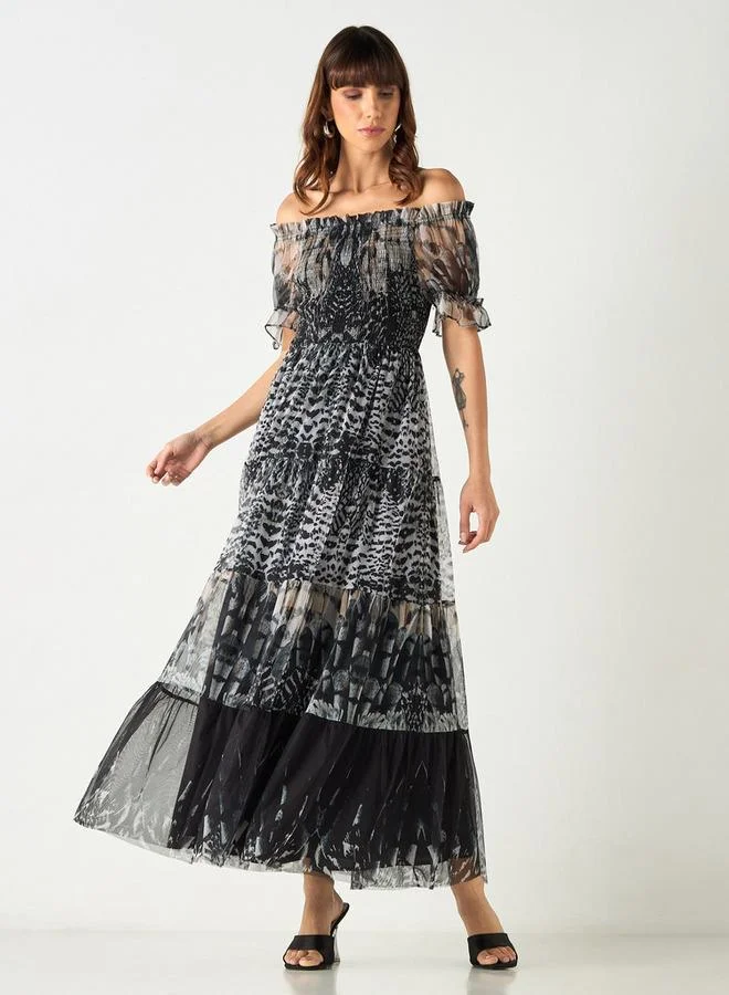 2Xtremz 2Xtremz All-Over Print Off Shoulder Dress with Shirred Detail