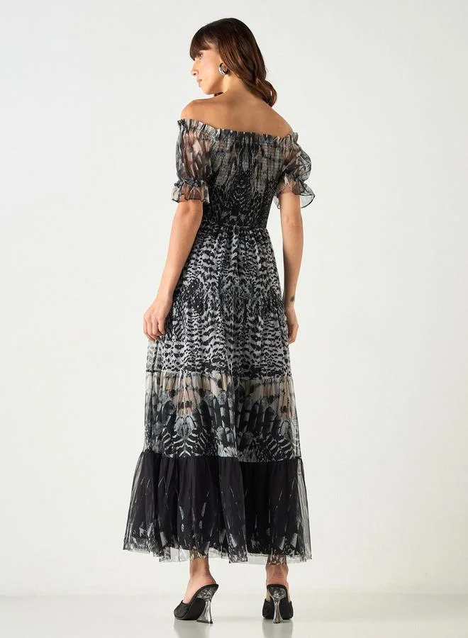 2Xtremz 2Xtremz All-Over Print Off Shoulder Dress with Shirred Detail