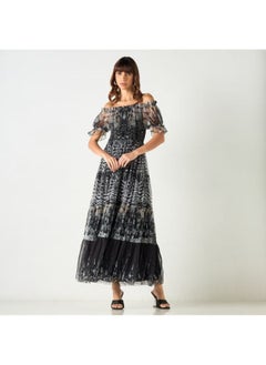 2Xtremz 2Xtremz All-Over Print Off Shoulder Dress with Shirred Detail  - Image 1