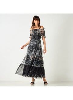 2Xtremz 2Xtremz All-Over Print Off Shoulder Dress with Shirred Detail  - Image 4