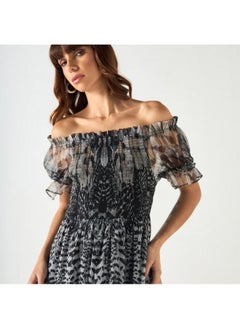 2Xtremz 2Xtremz All-Over Print Off Shoulder Dress with Shirred Detail  - Image 2